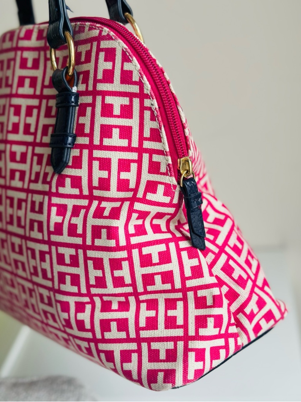 Tommy Hilfiger |  Hot Pink Canvas Patterned Satchel with Black Patent Handles - Picture 2 of 11